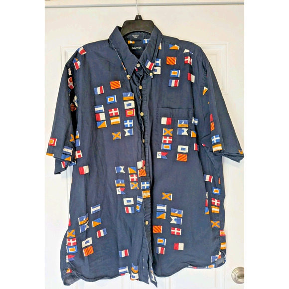 NAUTICA Men's Vintage Navy Blue All-Over Flag Print S/S Shirt Sz 2XL - Picture 1 of 3